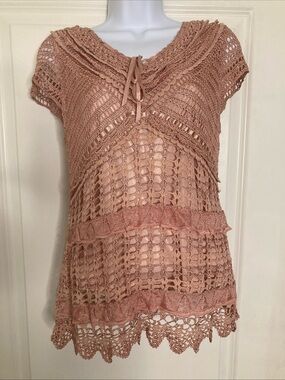 Pink Crochet Boho Coquette Ribbon Detail Top Sz L Feminine Romantic Fairy